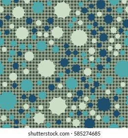 Seamless pattern. Scattered stars. Colored sun. Chaotic colored spots. Flat. Background of rounded small crosses (squares).