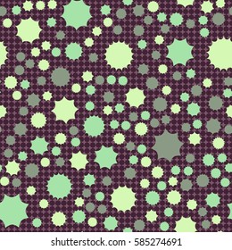 Seamless pattern. Scattered stars. Colored sun. Chaotic colored spots. Flat. Background of rounded small crosses (squares).