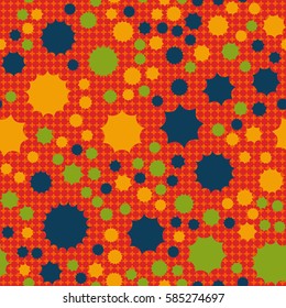 Seamless pattern. Scattered stars. Colored sun. Chaotic colored spots. Flat. Background of rounded small crosses (squares).