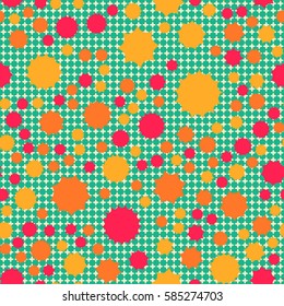 Seamless pattern. Scattered stars. Colored sun. Chaotic colored spots. Flat. Background of rounded small crosses (squares).