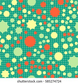Seamless pattern. Scattered stars. Colored sun. Chaotic colored spots. Flat. Background of rounded small crosses (squares).