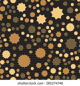 Seamless pattern. Scattered stars. Colored sun. Chaotic colored spots. Flat. Background of rounded small crosses (squares).
