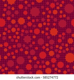 Seamless pattern. Scattered stars. Colored sun. Chaotic colored spots. Flat. Background of rounded small crosses (squares).