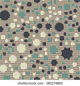 Seamless pattern. Scattered stars. Colored sun. Chaotic colored spots. Flat. Background of rounded small crosses (squares).