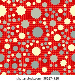 Seamless pattern. Scattered stars. Colored sun. Chaotic colored spots. Flat. Background of rounded small crosses (squares).