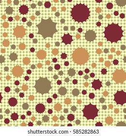 Seamless pattern. Scattered stars. Colored sun. Chaotic colored spots. Flat. Background of rounded small crosses (squares).