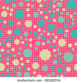 Seamless pattern. Scattered stars. Colored sun. Chaotic colored spots. Flat. Background of rounded small crosses (squares).