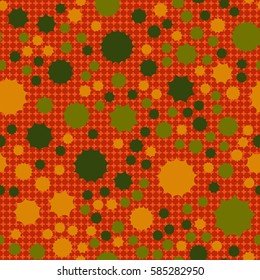 Seamless pattern. Scattered stars. Colored sun. Chaotic colored spots. Flat. Background of rounded small crosses (squares).