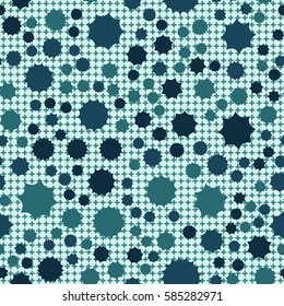 Seamless pattern. Scattered stars. Colored sun. Chaotic colored spots. Flat. Background of rounded small crosses (squares).