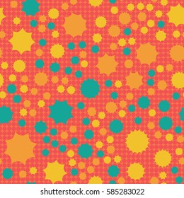 Seamless pattern. Scattered stars. Colored sun. Chaotic colored spots. Flat. Background of rounded small crosses (squares).