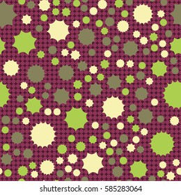 Seamless pattern. Scattered stars. Colored sun. Chaotic colored spots. Flat. Background of rounded small crosses (squares).