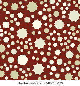 Seamless pattern. Scattered stars. Colored sun. Chaotic colored spots. Flat. Background of rounded small crosses (squares).