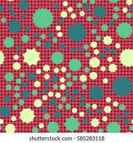 Seamless pattern. Scattered stars. Colored sun. Chaotic colored spots. Flat. Background of rounded small crosses (squares).