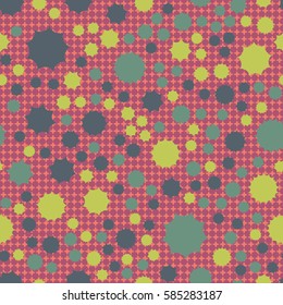 Seamless pattern. Scattered stars. Colored sun. Chaotic colored spots. Flat. Background of rounded small crosses (squares).
