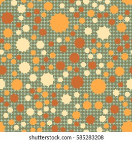 Seamless pattern. Scattered stars. Colored sun. Chaotic colored spots. Flat. Background of rounded small crosses (squares).