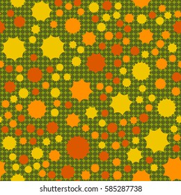 Seamless pattern. Scattered stars. Colored sun. Chaotic colored spots. Flat. Background of rounded small crosses (squares).