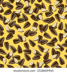 Seamless pattern with scattered striped black sunflower seeds mixed with peeled seeds. Yellow background. Simple graphics for branding, food packaging, prints