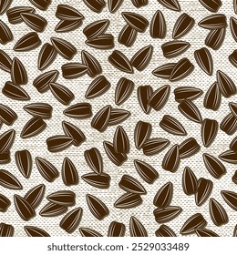 Seamless pattern with scattered striped black sunflower seeds. Textured jute burlap fabric background. Simple graphics for branding, food packaging, prints