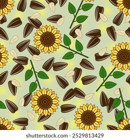 Seamless pattern with scattered striped black sunflower seeds mixed with peeled seeds and icons of sunflower plant. Light green background with yellow halftone circles. For branding, food packaging