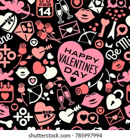 Seamless pattern of scattered Valentine's Day icons, hearts, and symbols. For backgrounds, gift wrap, fabric design. Vector illustration.