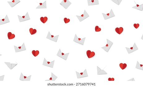 Patrón sin fisuras de sobres blancos dispersos con corazones rojos y corazones de papel rojo individuales, creando un fondo encantador y romántico para el día de San Valentín y diseños con temas de amor.