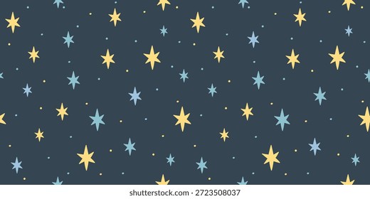Padrão contínuo com estrelas e pontos amarelos e azuis espalhados no plano de fundo azul escuro criando efeito de noite estrelada