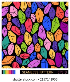 Patrón sin foco. Esparcimiento de piedras preciosas. Cristales multicolores. Gráficos vectoriales
