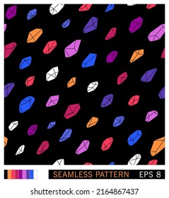 Seamless pattern. Scattering of precious stones. Multicolored crystals. Vector graphics