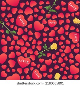 Seamless pattern. A scattering of scarlet and red hearts with yellow roses and the inscription love on a purple background. Vector illustration. Valentine's day. Printing on packaging and gift paper.