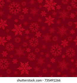 Seamless pattern with scattering of snowflakes on red background. Christmas decoration for cards, banners, booklets, brochures, leaflets. Vector illustration