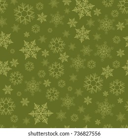 Seamless pattern with scattering of snowflakes on green background. Christmas decoration for cards, banners, booklets, brochures, leaflets. Vector illustration