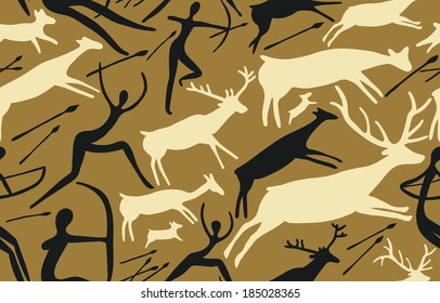 Seamless Pattern with Scene of Hunting and Primitive Figures