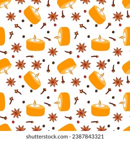 Seamless pattern with Scented candle. Burning candle with spices anise, pepper, cloves background. Burning candle. Aromatherapy, relaxation design, Repeated background for textile, paper, wallpaper