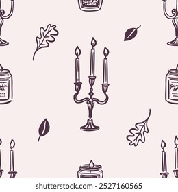 Seamless pattern of scented candle, candelabra and fallen leaves on beige background. Hand drawn black line art. Autumn and cozy home decor.