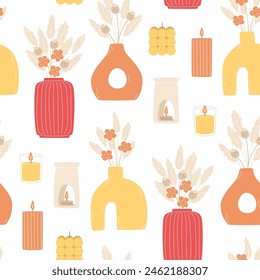 Seamless pattern with scented candles and interior decor in flat style