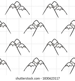 A seamless pattern with schematic snowy mountain peaks. Hand-drawn mountain outlines against the background of the map. Black and white linear drawing. Vector illustration.