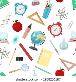 seamless pattern from school accessories. Vector illustration. Endless texture with office supplies. Cartoon style.