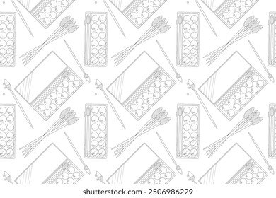 Seamless pattern of school art supplies in a black and white outline style, perfect for back-to-school coloring pages and educational materials.