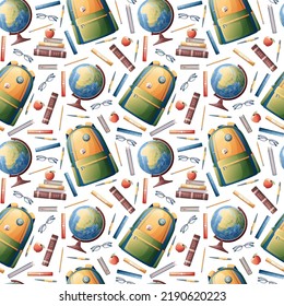 Seamless Pattern With A School Backpack, Textbooks, A Globe On A White Background. Back To School, Knowledge Day, School Theme. Suitable For Paper, Fabric, Wallpaper, Etc.