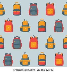 Seamless pattern of school backpacks, school bags in cartoon flat style. Colorful travel bags on blue background. Vector illustration