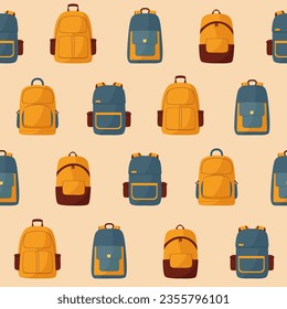 Seamless pattern of school backpacks, school bags in cartoon flat style. Blue, yellow and brown  travel bags on beige background. Vector illustration