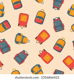 Seamless pattern of school backpacks, school bags in cartoon flat style. Colorful travel bags on pink background. Vector illustration