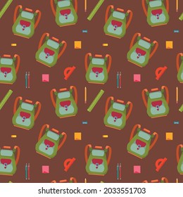 Seamless pattern with school backpacks on a brown background. Cartoon vector illustration in children s style, isolated. Back to school sewing patterns for textiles and design.
