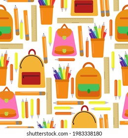 Seamless pattern of school backpacks, rulers and pencils in orange shades on a white background vector illustration