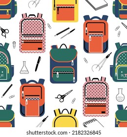 patrón sin fisuras de mochilas escolares y papelería. chaqueta para niñas y niños aislados en un fondo blanco. antecedentes sobre el tema de la escuela. ilustración vectorial de stock. EPS 10.