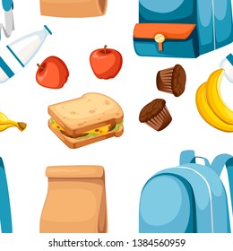 Seamless Pattern. School Bag And Lunch Paper Bag With Juice, Apple And Sandwich. Recycle Brown Paper Bag. Flat Vector Illustration On White Background.