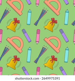 Seamless pattern with school bells, pencils, markers, and protractors on green background. For back to school theme, school or office supplies, stationery design, textile print, and wrapping paper.