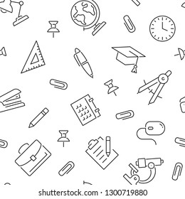 Seamless pattern with school. Black and white thin line icons