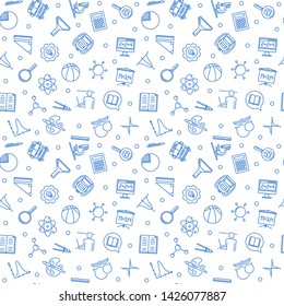 Seamless pattern with School blue linear icons - back to school vector outline concept background