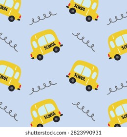 Seamless pattern with school bus and stationery accessories. - Good for textiles, school sets, wallpapers, wrapping paper, clothes. back to school.